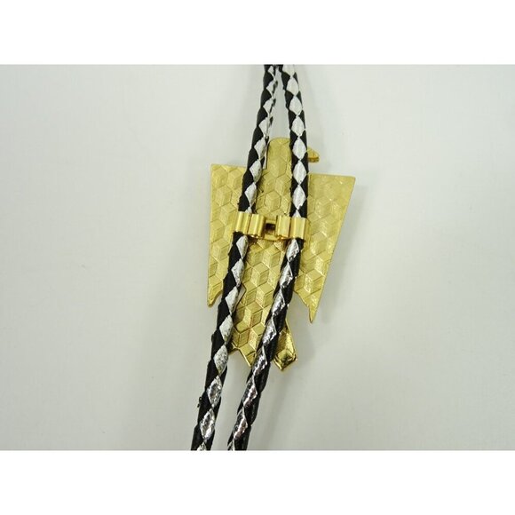 Thunderbird Bolo Tie String Necktie Golden Tips Braided Silver and Black Cord - Picture 4 of 6
